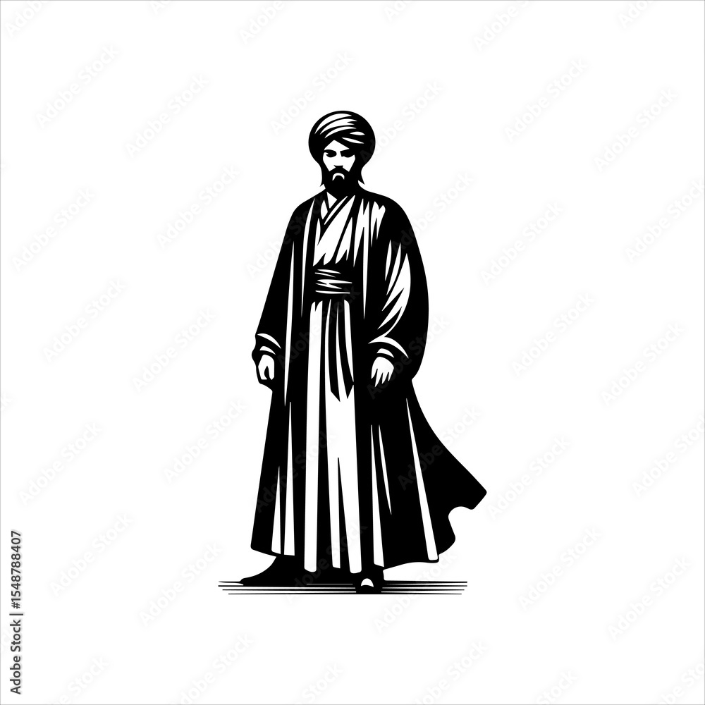 Naklejka premium Abbasid Era Muslim Man Vector Logo in Black and White Isolated on White Background