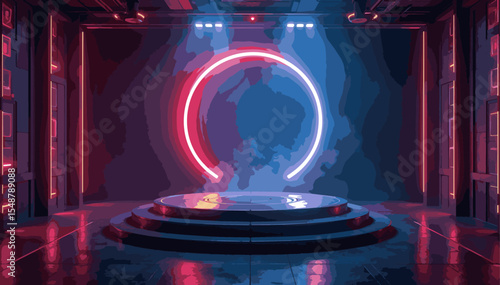 Create a  Futuristic circle portal, hologram, teleport with HUD interface in 3D lab stage for presentation, GUI, UI, Games. Cyberpunk stage, podium with HUD. Magic portal, hologram, vector art.