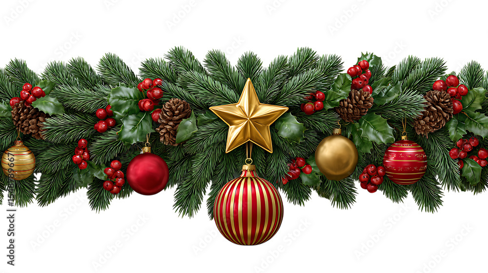 Fototapeta premium Festive christmas garland with ornaments pine cones and holly berries isolated on transparent background