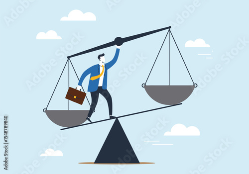 Balancing Act: Businessman on a Seesaw with Scales, Symbolizing Work-Life Balance and Decision-Making.