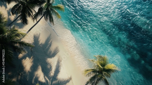 Beautiful tropical beach with turquoise water and palm tree shadows at midday