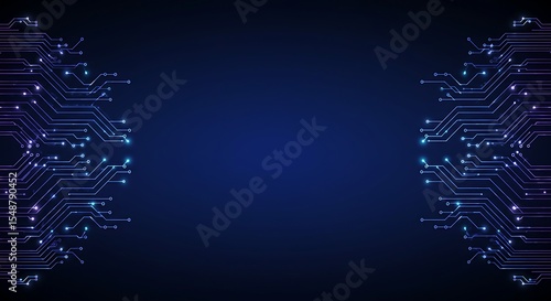 Abstract digital circuit board design with glowing blue lines on dark background.