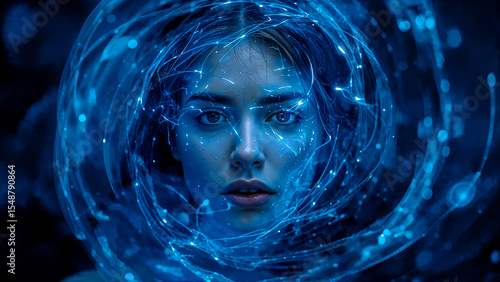 Ethereal woman surrounded by mesmerizing blue energy