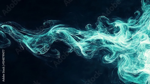 Abstract teal smoke swirls on black background