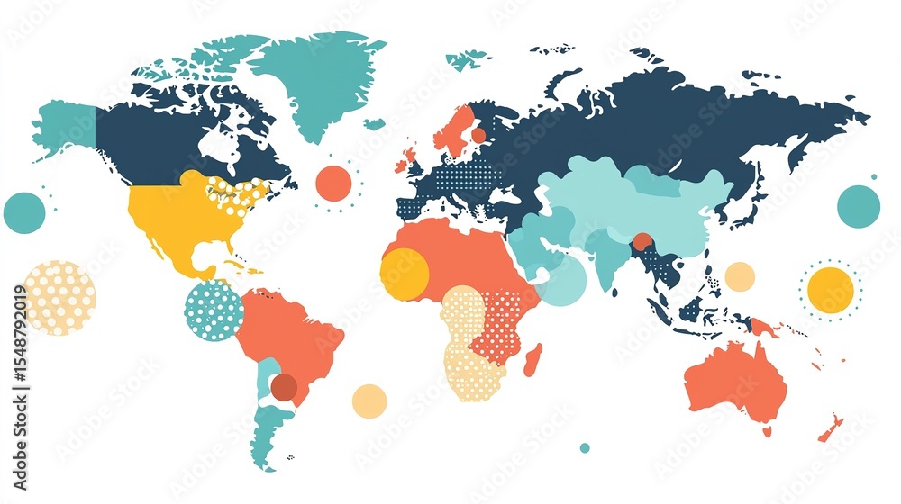 Fototapeta premium Colorful abstract world map with various patterns and circles highlighting different regions and countries.