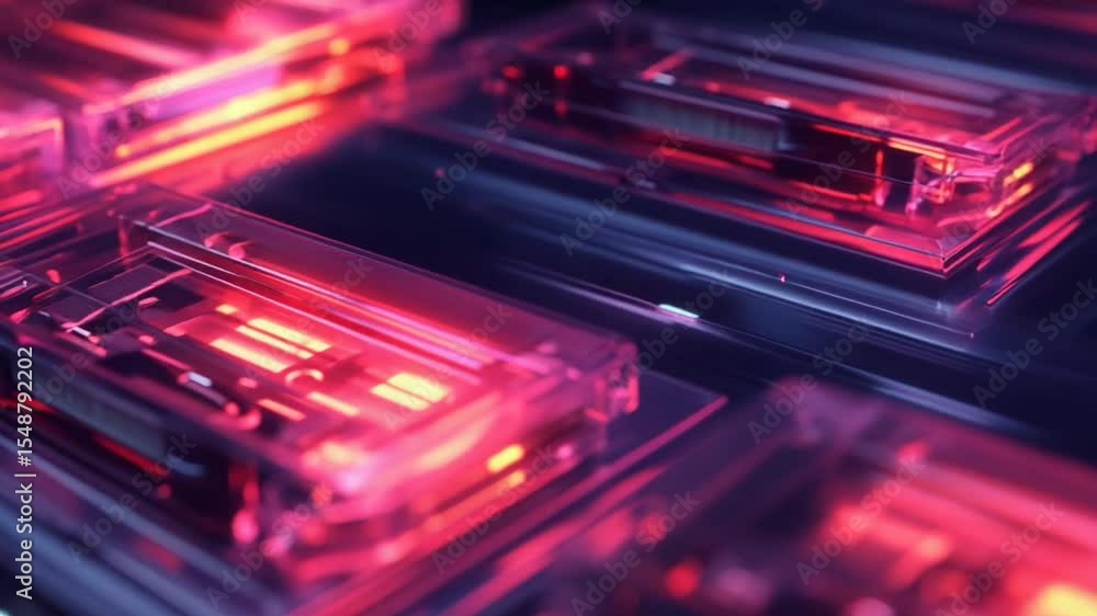 Colorful glowing cassette tapes reflecting vibrant lights Colorful glowing cassette tapes reflecting vibrant lights