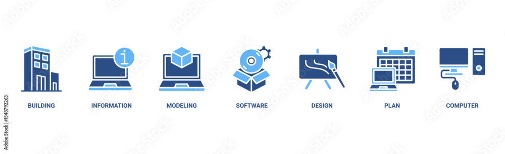 BIM banner web icon vector illustration concept for building information modeling with icon of building, information, modeling, software, design, plan, and computer BIM banner web icon vector illustration concept for building information modeling with icon of building, information, modeling, software, design, plan, and computer