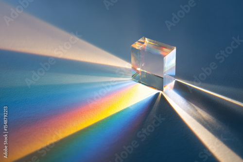 Glass prism reflecting light creates beautiful spectrum of colors on surface
