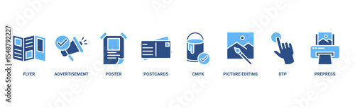 Print banner web icon vector illustration concept with icon of flyer, advertisement, brochure, poster, postcards, cmyk, picture editing, dtp, and prepress