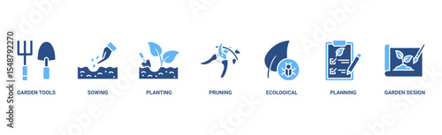 Gardening banner web icon vector illustration concept with icon of garden tools, sowing, planting, pruning, ecological, planning and garden design