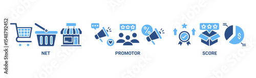 NPS banner web icon vector illustration concept for net promotor score with icon of shopping, customer, rating, like, premium, and store