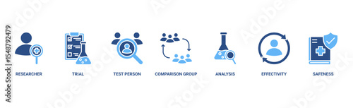 Clinical study banner web icon vector illustration concept for clinical trial research with an icon of researcher, trial, test person, comparison group, analysis, effectivity, and safeness