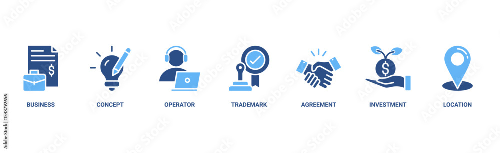 Franchise banner web icon vector illustration with icon of business, concept, operator, trademark, agreement, investment, and location Franchise banner web icon vector illustration with icon of business, concept, operator, trademark, agreement, investment, and location