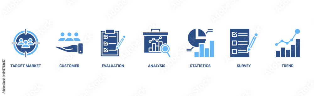 Fototapeta premium Market research banner web icon vector illustration concept with icon of target markets, customer, evaluation, analysis, statistics, survey and trend