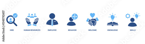 Onboarding banner web icon vector illustration concept for human resources business industry to introduce newly hired employee into an organization with behavior, welcome, knowledge, and skills icon