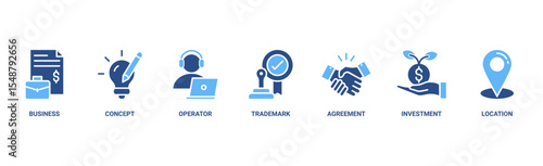 Franchise banner web icon vector illustration with icon of business, concept, operator, trademark, agreement, investment, and location
