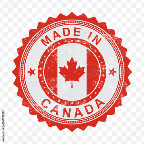 Vector illustration of round red stamp. Made in Canada on transparent background.