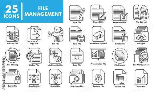File Management Icon Set. Includes Delete, Copy, Cut, New, Save, Download, Upload, File Sync, File Sharing, Backup, Corrupt Files, and Multimedia. Perfect for digital workflow UI