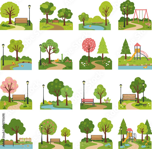 Create a kinds of deferent park vector art with white background.