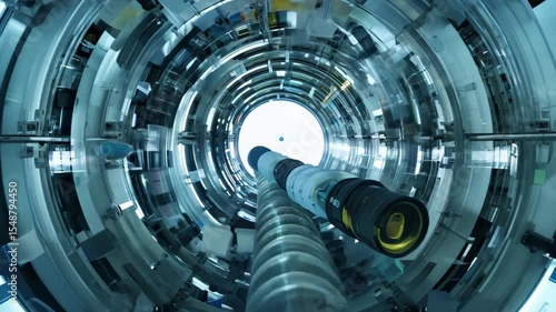 Close-up look inside high-tech particle accelerator tunnel with cylindrical symmetry and energy rods. Concept of nuclear research and advanced science