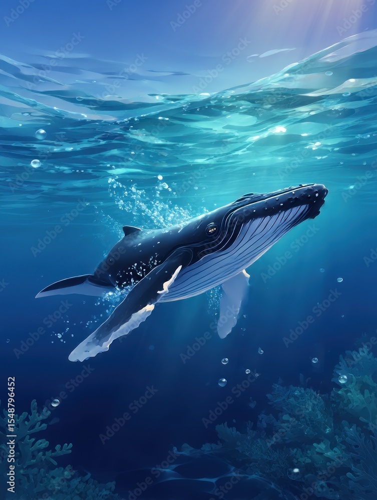 Fototapeta premium Whale swimming in vibrant ocean
