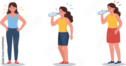 Create a kinds of deferent Woman suffering from heat, sweating and drinking fresh water from bottle to prevent dehydration on hot summer day. Hydration concept. vector art with white background.