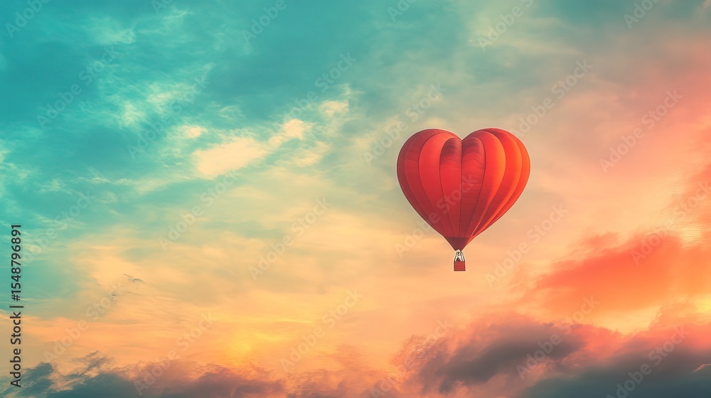 Obraz premium A heart-shaped hot air balloon floating in a dreamy, colorful sky 