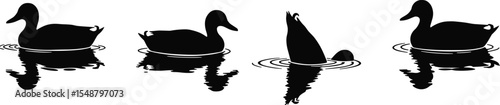 Collection of Duck Silhouettes Swimming and Diving with Water Ripples and Reflections, Wildlife Vector Illustration for Nature, Lake Scene, Animal Icon, Graphic Design Use