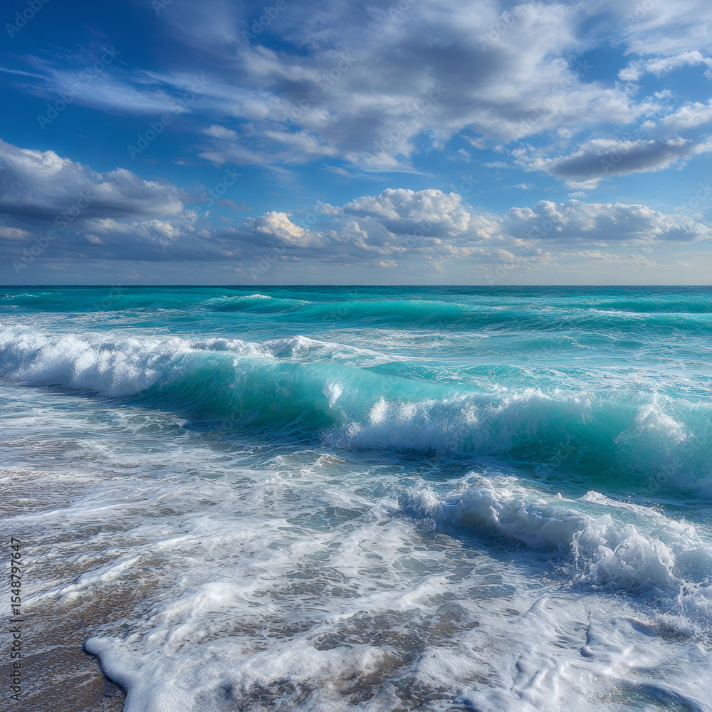 Fototapeta premium Turquoise ocean waves meet a bright blue sky filled with fluffy clouds. 