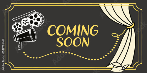 Coming soon on black silk background. Vector realistic illustration of golden text in sating fabric drapery frame decorated with shiny yellow beads on isolated background