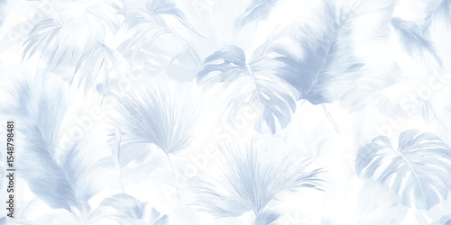Tropical Leaves Seamless Pattern Soft Blue Botanical Print for Wallpaper Textile Decor
