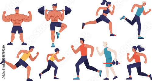 Create a kinds of deferent fitness people vector art with white background