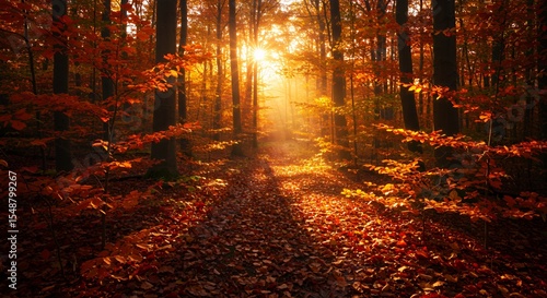 Autumnal Sunbeams Illuminating a Forest Path
