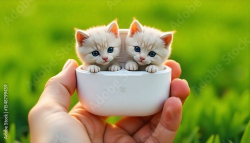 A highly realistic and imaginative photo of a person holding a pair of animal-themed wireless earbuds designed to resemble miniature kittens. The earbuds are shaped like lifelike kittens with fine, fi