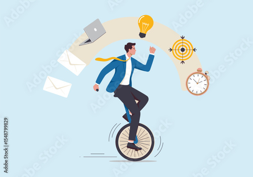 Balancing Act: Businessman Juggling Tasks on a Unicycle, Symbolizing Multitasking and Work-Life Balance.