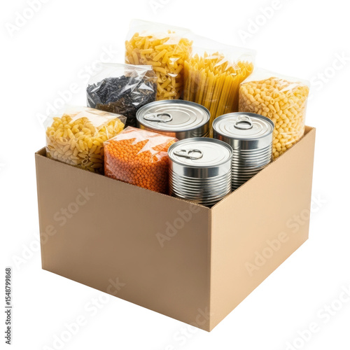 A brown cardboard box overflowing with essential non perishable food items including pasta, canned goods, and dried beans, ideal for food drives or emergency relief.