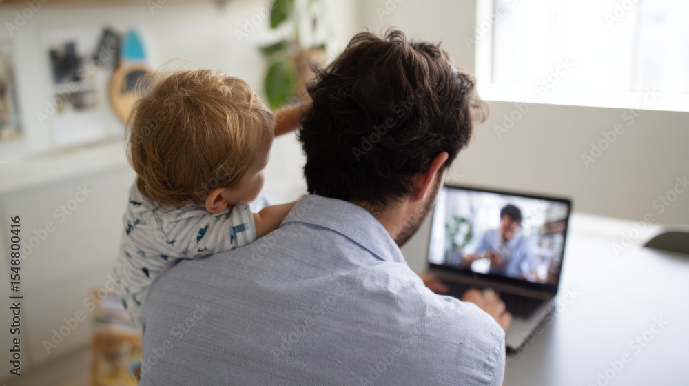 Father working on laptop with toddler on shoulder, engaging in video call, joyful moment Father working on laptop with toddler on shoulder, engaging in video call, joyful moment