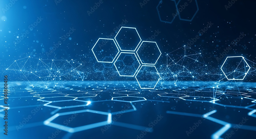 Obraz premium Abstract digital network, glowing hexagons and interconnected nodes forming a futuristic landscape.