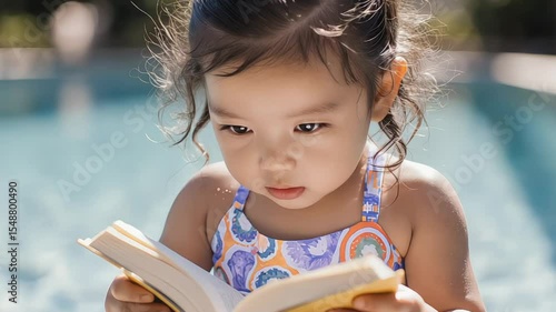 Little girl engrossed in reading a book by the pool on a sunny day