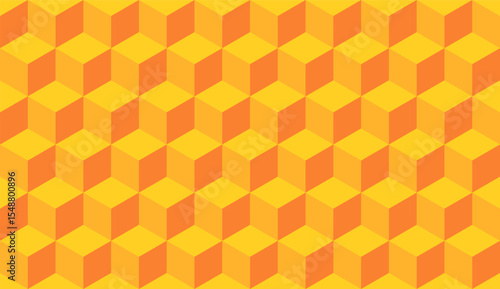 Yellow 3d cube seamless isometric pattern background geometric texture. Yellow orange 3d cube backdrop squares.