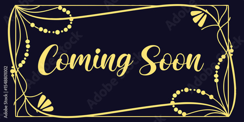 Coming soon on black silk background. Vector realistic illustration of golden text in sating fabric drapery frame decorated with shiny yellow beads on black  background.