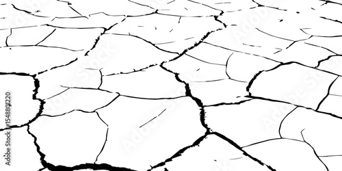 A high-contrast black and white texture of cracked earth or dry, parched ground. The image features irregular, jagged fissures and organic shapes, creating a fragmente.