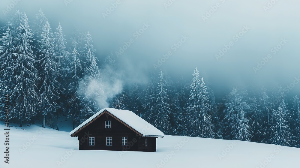 Naklejka premium A cozy cabin with smoke rising stands in a snowy forest surrounded by tall, snow-covered pine trees under a misty sky.