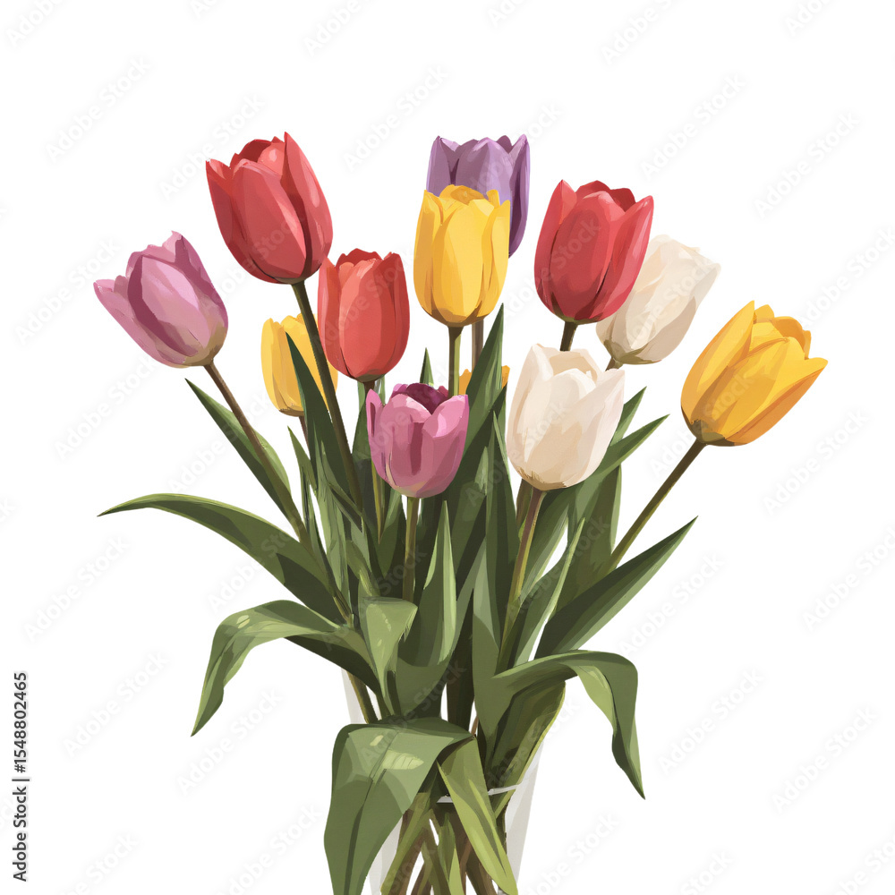 Obraz premium Bright-colored tulips in a flat vector bouquet on white background, lively and cheerful.