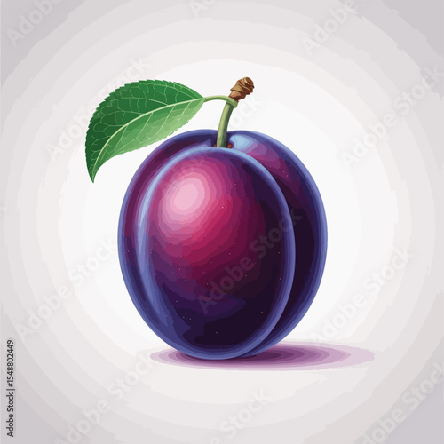 Single Ripe Plum with Leaf Illustration