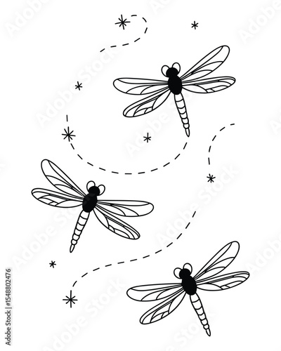 Whimsical Dragonfly Trio with Motion Trails and Stars – Black and White Fantasy Insect Illustration