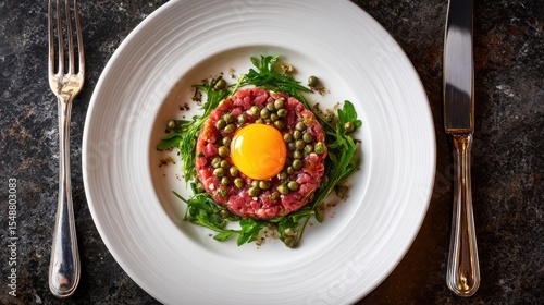 Wallpaper Mural A gourmet dish featuring beef tartare topped with a fresh egg yolk and capers served on a white plate. Torontodigital.ca