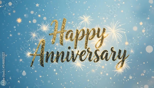 Happy Anniversary handwritten typography sparkle firework line design gold blue background