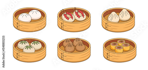 Assortment of Steamed Dim Sum in Bamboo Steamed Baskets