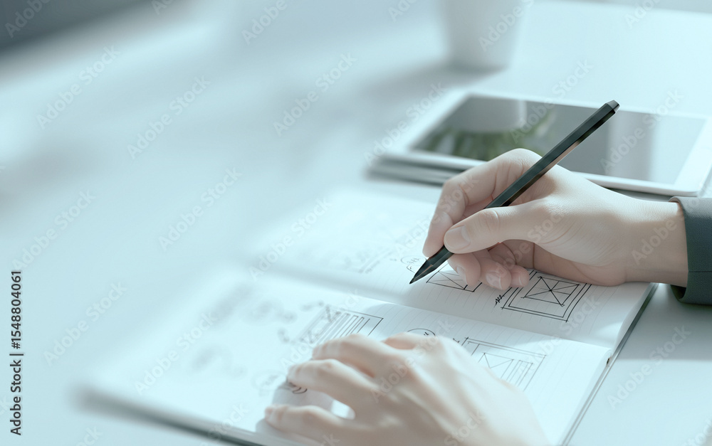 Fototapeta premium Designer hand sketching wireframes and layout ideas in a notebook beside a tablet on a clean desk, capturing the early creative process of digital product design.